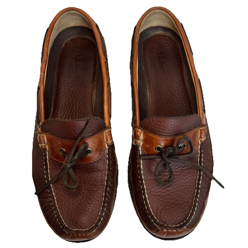 L.L. Bean Allagash Mens 10.5 EE Bison Leather Boat Shoes Slip-On Mock Toe 273080